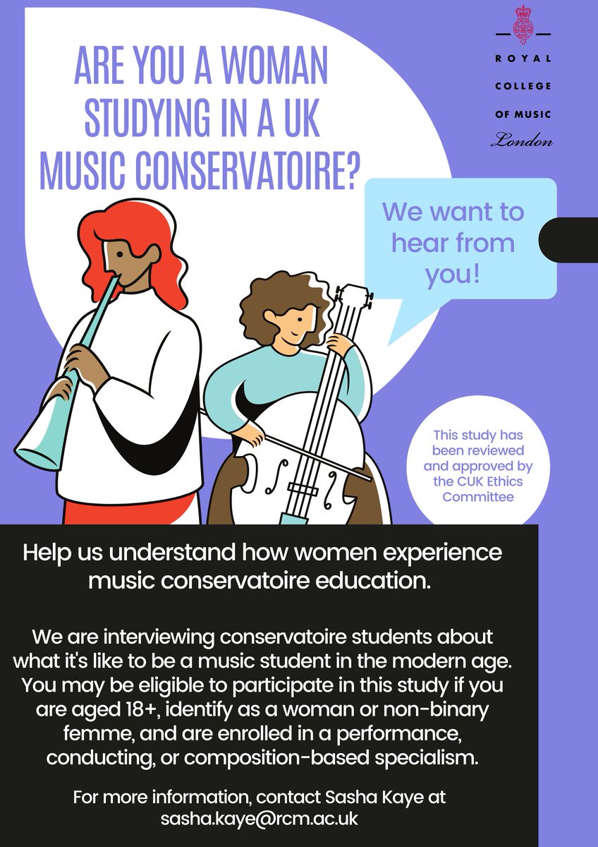 If you identify as a woman or nonbinary femme, please consider taking part in this interview study! Your participation will let researchers better understand what it's like to be a conservatoire student in the UK.
<a href="/EDIMusicStudies/">Equality, Diversity & Inclusion in Music Studies</a> <a href="/mirandaharmer/">Mimì Harmer 🌿</a> <a href="/Donne_UK/">Donne Foundation</a>