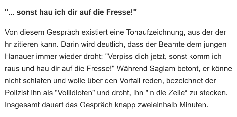Stellt euch vor: Ein Jahr nach #Hanau, geht jemand zur Polizei, weil ein Mann in Jagdkleidung zwei Menschen mit einer Waffe bedroht hat und die Polizei sagt zu den Betroffenen "Verpiss dich jetzt, sonst komm ich raus und hau dir auf die Fresse!" In Hanau.
hessenschau.de/gesellschaft/p…