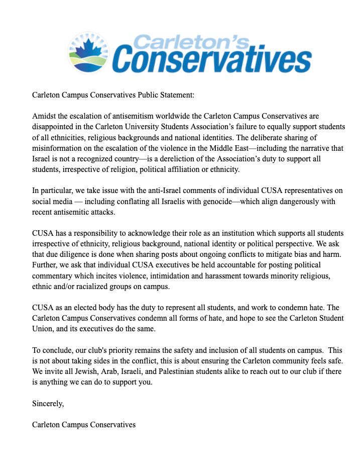 CUConservatives's tweet image. All @Carleton_U students deserve to feel safe and supported by their student union @cusaonline 

The actions of the past 2 weeks have called into question if all students will feel safe and supported.  

#dontimportconflict