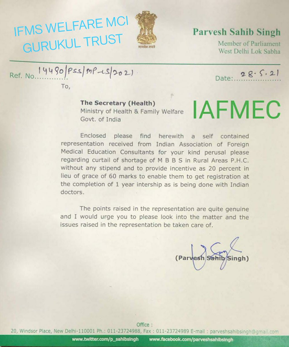 Thanku BJP MP WEST DELHI @p_sahibsingh ji for supporting FMGs & forwarding our letter to @MoHFW_INDIA Secretary for FMGs One time relaxation by giving 20% grace marks .. FMGs are ready to work free in Rural areas PHC plz allow them @narendramodi sir @PMOIndia @AmitShah