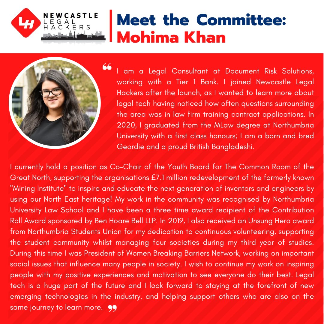 Meet the Committee series! This week we would like to introduce Mohima!   Make sure to follow our LinkedIn and Instagram to stay up to date with all Newcastle Legal Hackers news!