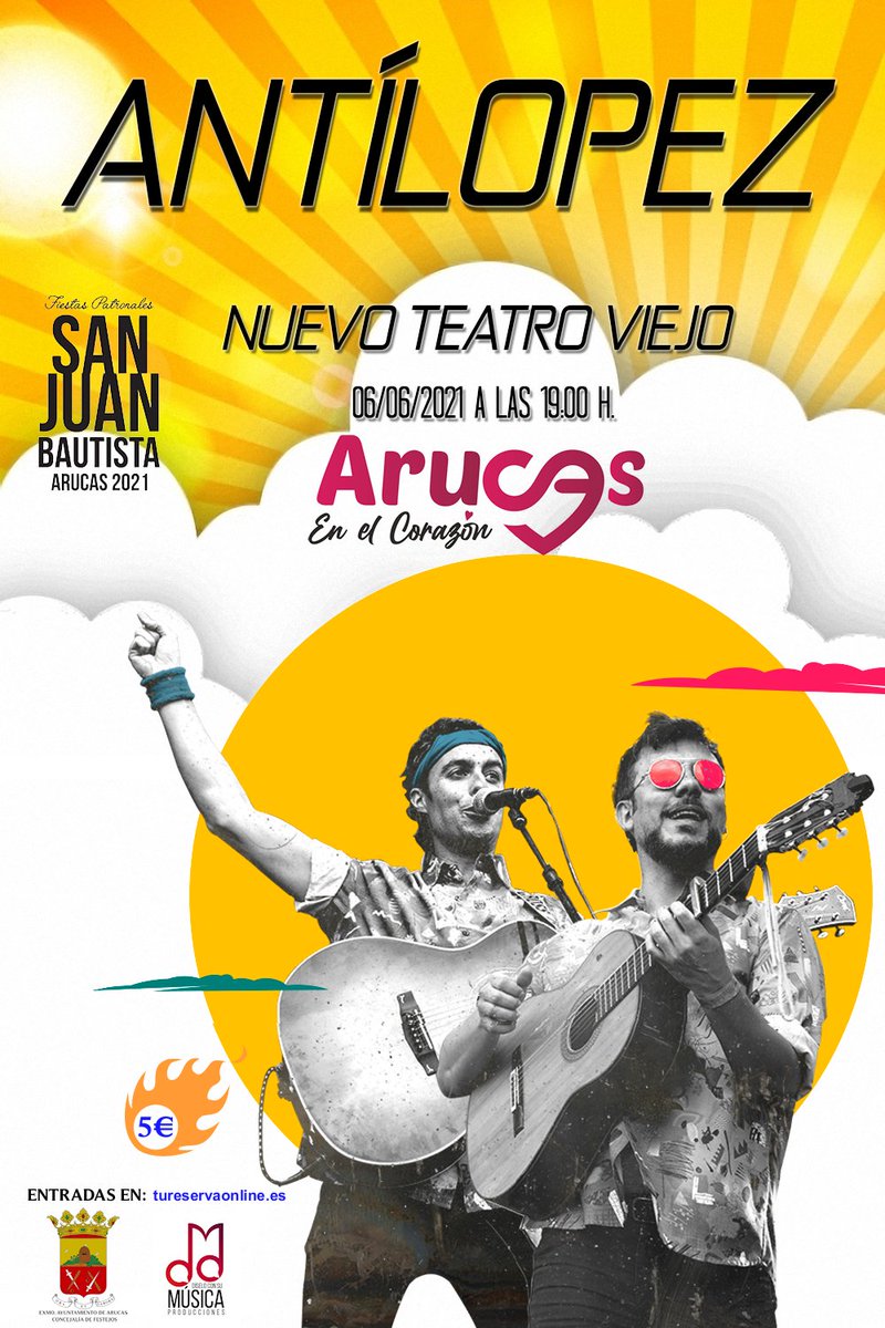 RadioArucas's tweet photo. #arucasfestejos #arucassanjuan21 Los cantautores del #chiripop andaluz, @antilopez, llegan a nuestro municipio. Las entradas e invitaciones para los distintos eventos están disponibles en este enlace: https://t.co/Qo13PRZ1I6 y en la app 'Arucas Espacio Cultural'. https://t.co/ktVLwxTBdk