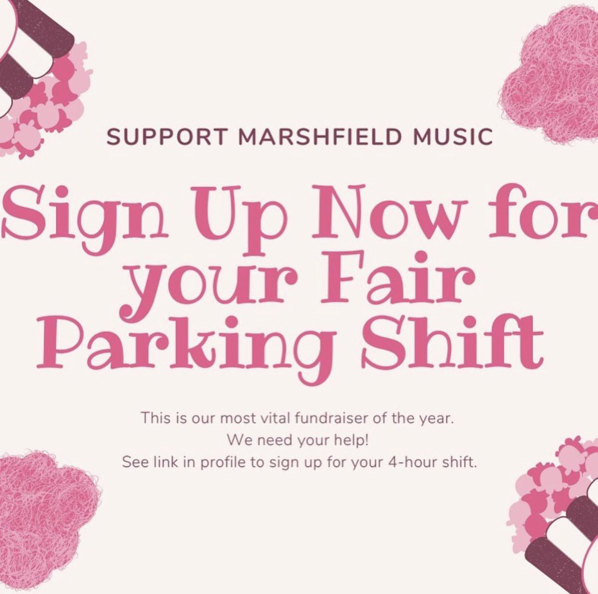 The Marshfield Fair is on August 20-29! Music students and parents...sign up for Marshfield Fair parking shifts now!!!!! linktr.ee/MarshfieldFrie… #WeRMarshfieldMusic #WeRMarshfield #MHSVocals #MusicFundraiser