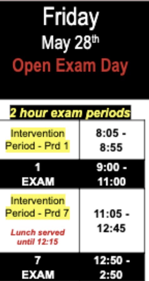 PerkinsHigh's tweet photo. Today begins our open campus exam schedule (see below).  If you are arriving before your exam, the south entrance doors will be open 10 minutes before the exam.  Best of luck! https://t.co/zVI2Vh60wO