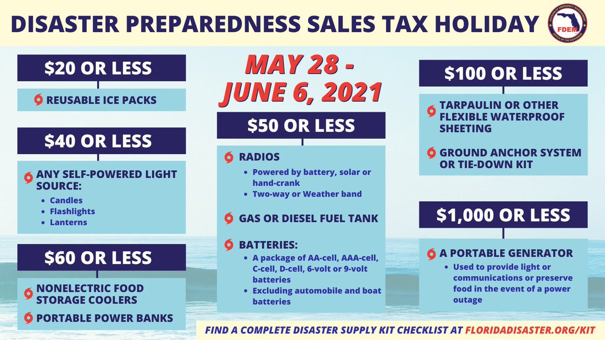 FLSERT's tweet photo. 🌀 Today is the first day of the ten-day Disaster Preparedness Sales Tax holiday! Take the time now to stock up on critical supplies needed for the upcoming hurricane season. 

➡️ Find a full list of qualifying items at https://t.co/h4hM2sHCin. https://t.co/kMlzQ73317