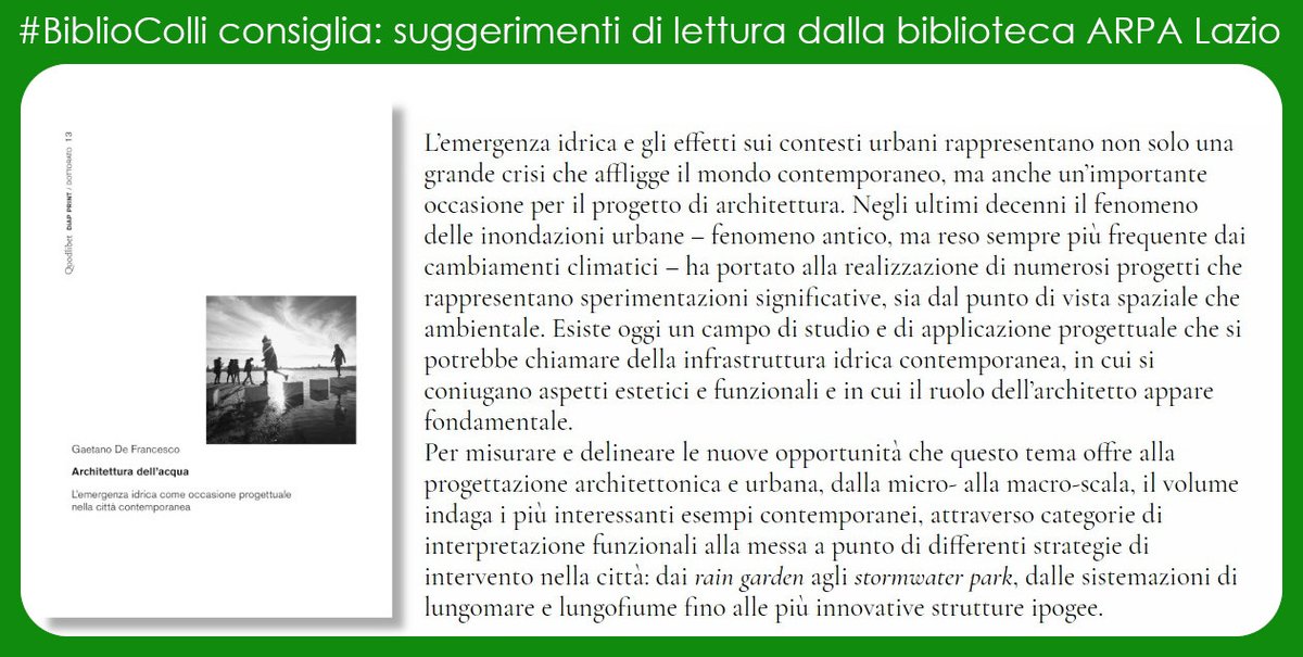 ARPALazio's tweet photo. Volete saperne di più su #ambiente, natura, scienza etc?
La Biblioteca Paolo Colli di #ARPALazio ha ampia scelta di titoli #ebook da prendere in prestito con pochi click da: https://t.co/wScFTuKn8w 
Oggi suggeriamo "Architettura dell'#acqua" di @DFRarchitecture https://t.co/UHvoMnl9c9