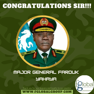 FglobalL's tweet photo. We at FGlobal Properties LTD do felicitate with you *Major General Yahaya Farouk* on your well-deserved appointment as the Nigerian *Chief of Army staff* with effect from Thursday 27th May, 2021. https://t.co/oQlLWXTpLm