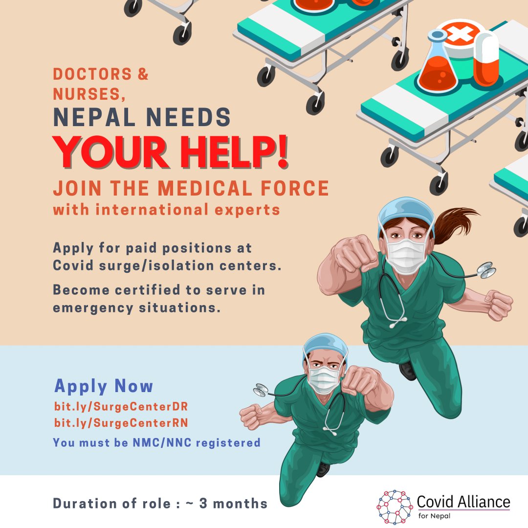 This is an open call to all available NMC-registered doctors and NNC-registered nurses!

We need your help at Covid isolation/surge centers; apply your training and save lives in this crisis!

Doctors apply here: bit.ly/SurgeCenterDR

Nurses apply here: bit.ly/SurgeCenterRN