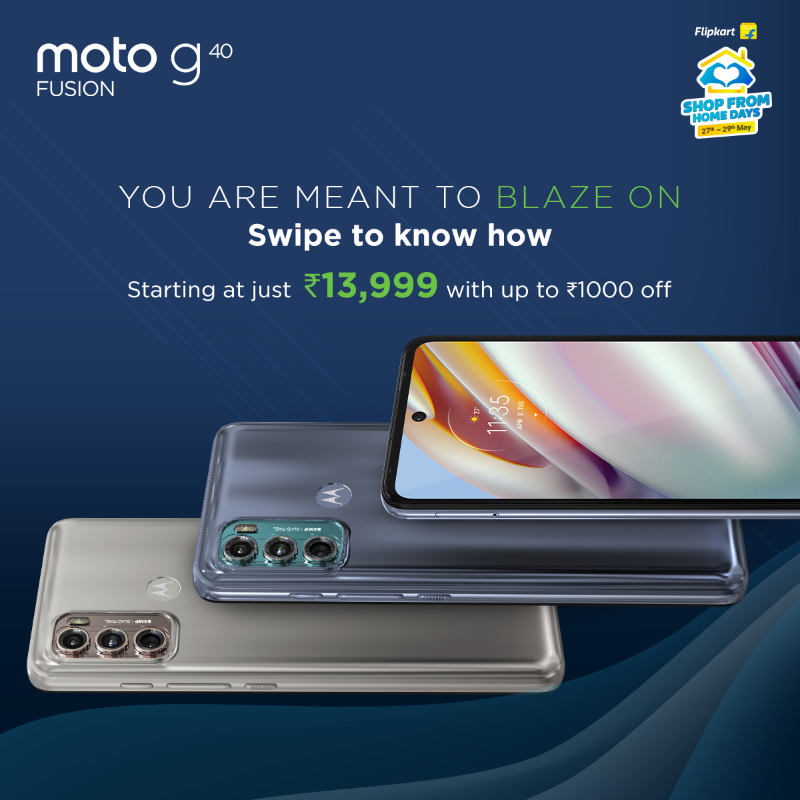 motorolaindia's tweet photo. Set aspirations & #BlazeOn to exceed them with India's most affordable Snapdragon™ 732G Processor in #motog40fusion! Now available with instant 10% off on HDFC bank credit cards & EMI transactions in @Flipkart's #ShopFromHomeDays sale. Valid till 29th May.