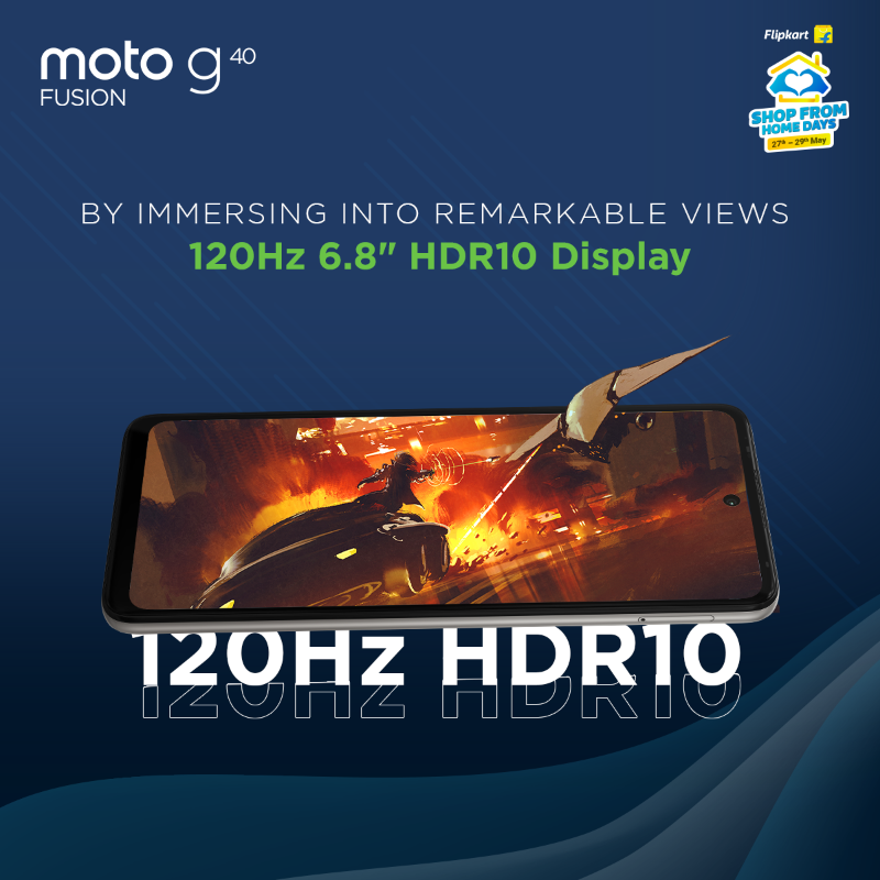 motorolaindia's tweet photo. Set aspirations & #BlazeOn to exceed them with India's most affordable Snapdragon™ 732G Processor in #motog40fusion! Now available with instant 10% off on HDFC bank credit cards & EMI transactions in @Flipkart's #ShopFromHomeDays sale. Valid till 29th May.