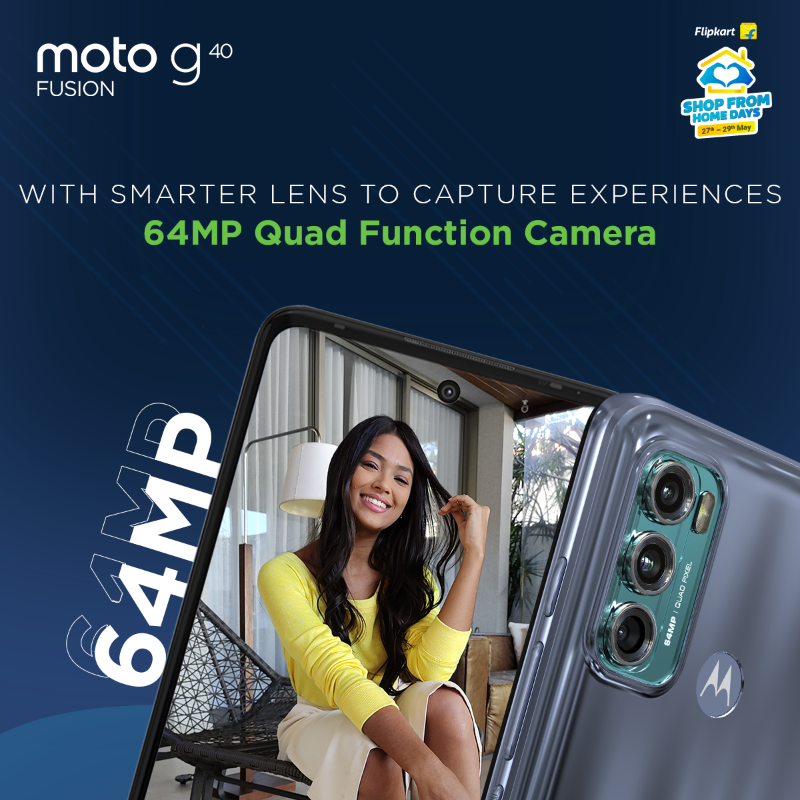 motorolaindia's tweet photo. Set aspirations & #BlazeOn to exceed them with India's most affordable Snapdragon™ 732G Processor in #motog40fusion! Now available with instant 10% off on HDFC bank credit cards & EMI transactions in @Flipkart's #ShopFromHomeDays sale. Valid till 29th May.