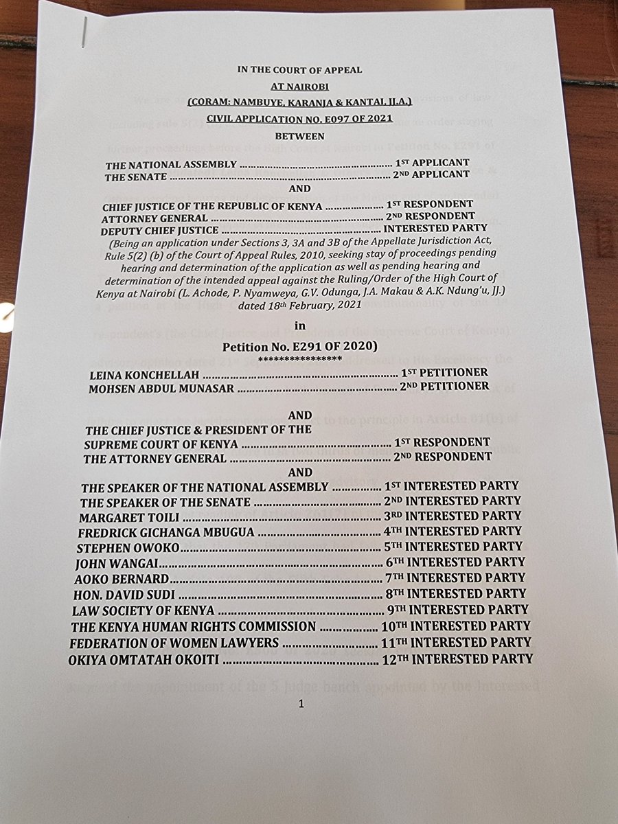 Today the Court of Appeal STAYED all further proceedings of a 5 judges High Court bench that was hearing a petition challenging CJ Maraga's advisory note to the President to dissolve parliament on the 2/3 gender rule <a href="/omwanza/">Omwanza Ombati</a>