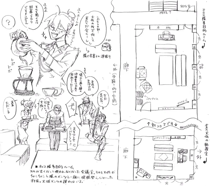 創作軍人。

補足。ウチの大佐の執務室と普段は多目的ルームとしてメンツが集う会議室の間取り。 
