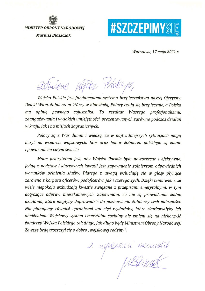 MON_GOV_PL's tweet photo. Nie są prowadzone żadne działania, które mogłyby doprowadzić do pozbawienia żołnierzy wypłat odpraw mieszkaniowych na dotychczasowych zasadach. Zawsze będę się troszczył o dobro „wojskowej rodziny” – napisał minister @mblaszczak w liście do żołnierzy #WojskoPolskie 🇵🇱. https://t.co/pgxxIoS8sr