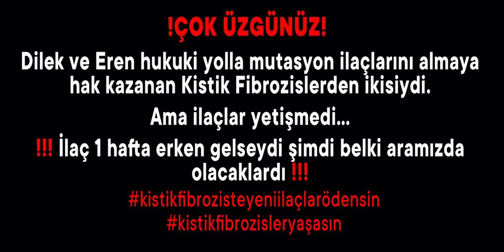 kfsesimizol's tweet photo. Kistik Fibrozisli gençlerimizi ilaç beklerken kaybediyoruz. Dilek Kumcu ilaç için açtığı davayı kazandı. Ama ilaçlar ona ulaşamadan Dilek’i kaybettik. Yeter artık!
#kistikfibrozisteyeniilaçlarödensin @RTErdogan @lutfielvan @Cengizyavili @fahrettinaltun @BY @deryayanikashb https://t.co/bIh6Qepzsi