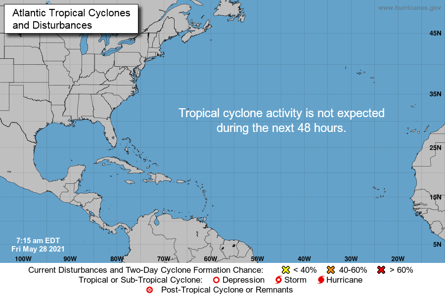 NWSSanJuan's tweet photo. 5/28/2021: Tropical cyclone formation is not expected during the next 5 days. No se espera formación de ciclón tropical durante los próximos 5 días. #prwx #usviwx https://t.co/3fJDeYmuhB