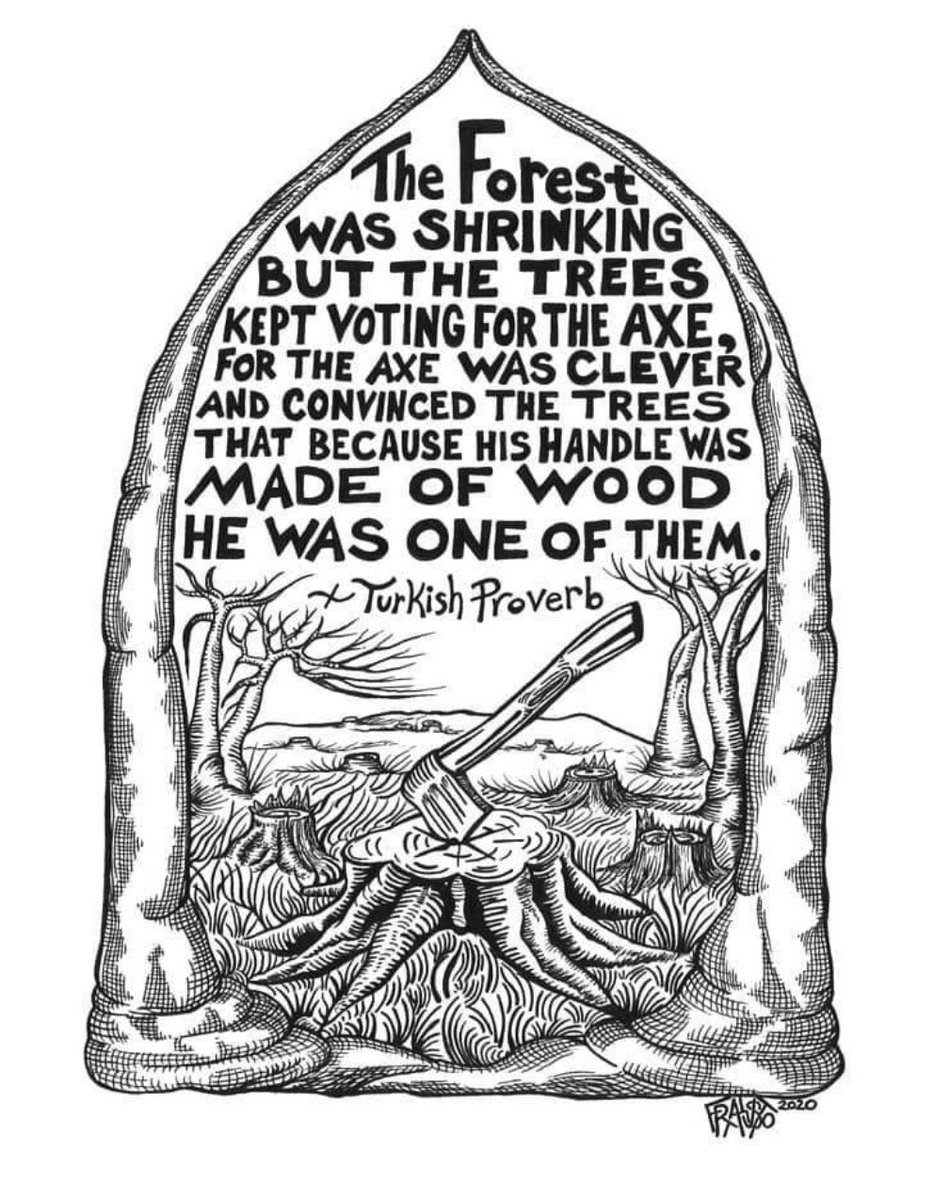 Turkish proverb: 
"The Forest Was Shrinking 
But The Trees 
Kept Voting For The Αxe 
For The Αxe Was Clever 
And Convinced The Trees 
That Because His Handle Was Made Of Wood 
He Was One Of Them." 

Transcript of text from an image by Rick Frausto.