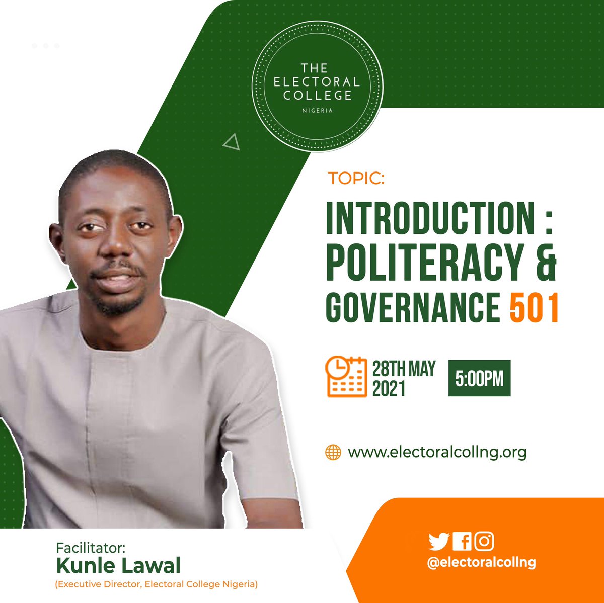 electoralcollng's tweet photo. Our first class for the fifth Cohort of the #Politeracy and #Governance course starts today
Topic: Introduction to Politeracy
Facilitator: @kunlelawal
#ElectcollNG #TELAF #5thcohort https://t.co/ffzg6kz2Kd