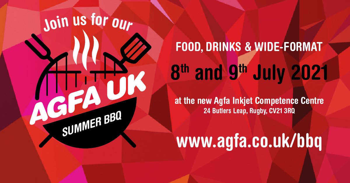 Events are coming back! Join us for two days of Food, Drinks and Wide-Format at our all-new Inkjet Competence Centre in Rugby. Registrations are now open at agfa.co.uk/bbq. 
#wideformat #largeformat #inkjet #printing #Agfa