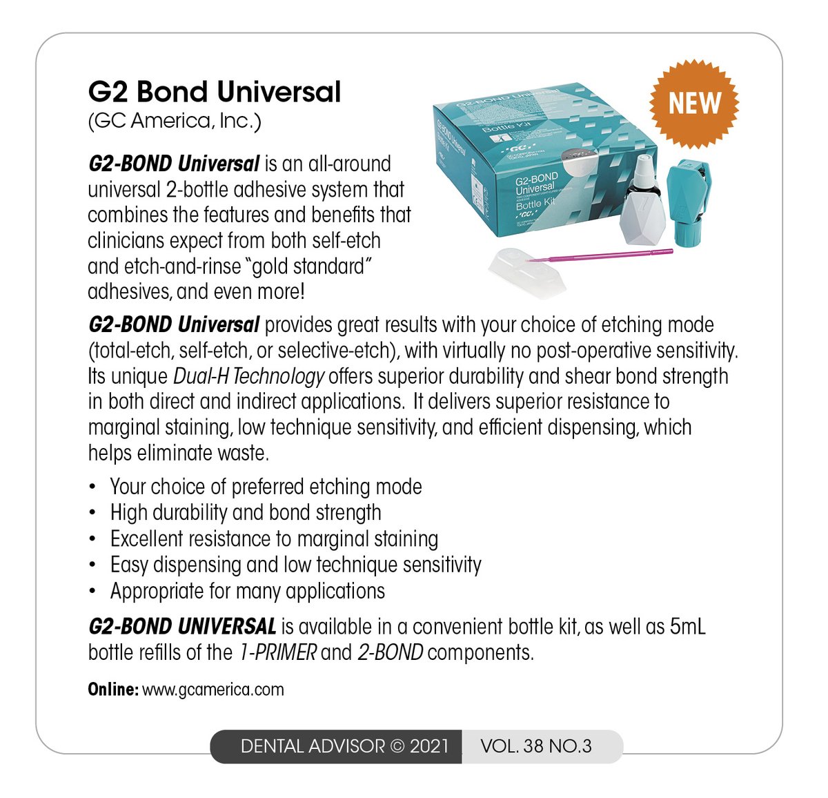 dentaladvisor's tweet photo. G2 Bond Universal from GC America, Inc is featured in the DENTAL ADVISOR Resin Cements &amp; Universal Bonding Agents issue. To read more: https://t.co/U1OdyPi6Kj https://t.co/yO334WBKOP