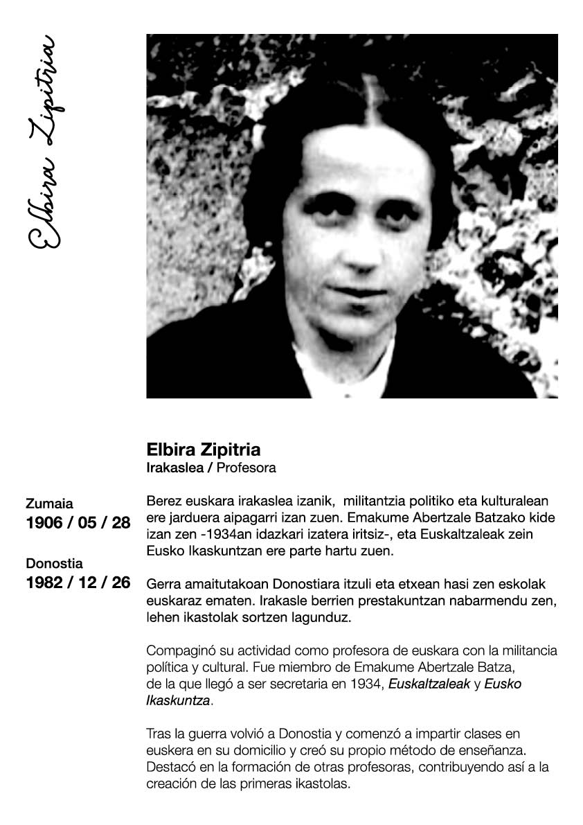 Itzalpeko Emakumeak / Mujeres en la sombra (@itzalpekoe) on Twitter photo Elbira Zipitria, gaurko egunez jaio zen. Euskararen sustatzaile eta emakumeak baztertzearen kontrako borrokalari izan zen.
<a href="/ItzalpekoE/">Itzalpeko Emakumeak / Mujeres en la sombra</a> <a href="/Gipuzkoa/">Gipuzkoa</a> @erkibekulturelkartea <a href="/sabinoarana/">SABINO ARANA</a> Elbira Zipitria, gaurko egunez jaio zen. Euskararen sustatzaile eta emakumeak baztertzearen kontrako borrokalari izan zen.
<a href="/ItzalpekoE/">Itzalpeko Emakumeak / Mujeres en la sombra</a> <a href="/Gipuzkoa/">Gipuzkoa</a> @erkibekulturelkartea <a href="/sabinoarana/">SABINO ARANA</a>