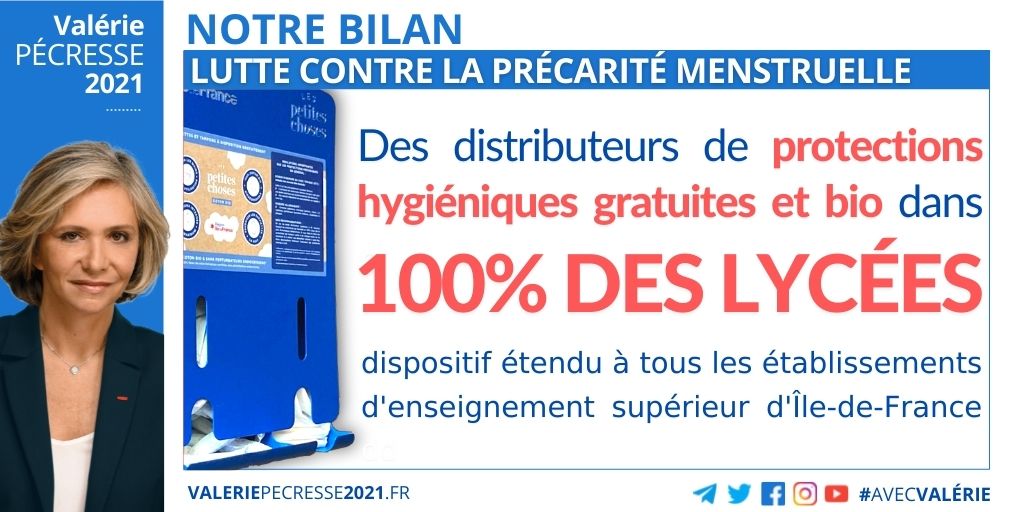 avecValerie's tweet image. Avec @vpecresse, brisons le tabou des règles !

Contre la précarité menstruelle qui touche un tiers des jeunes filles, la Région a généralisé l'installation de distributeurs de protection périodiques gratuites et bio dans tous les lycées d'Ile-de-France ⤵️ #AvecValérie