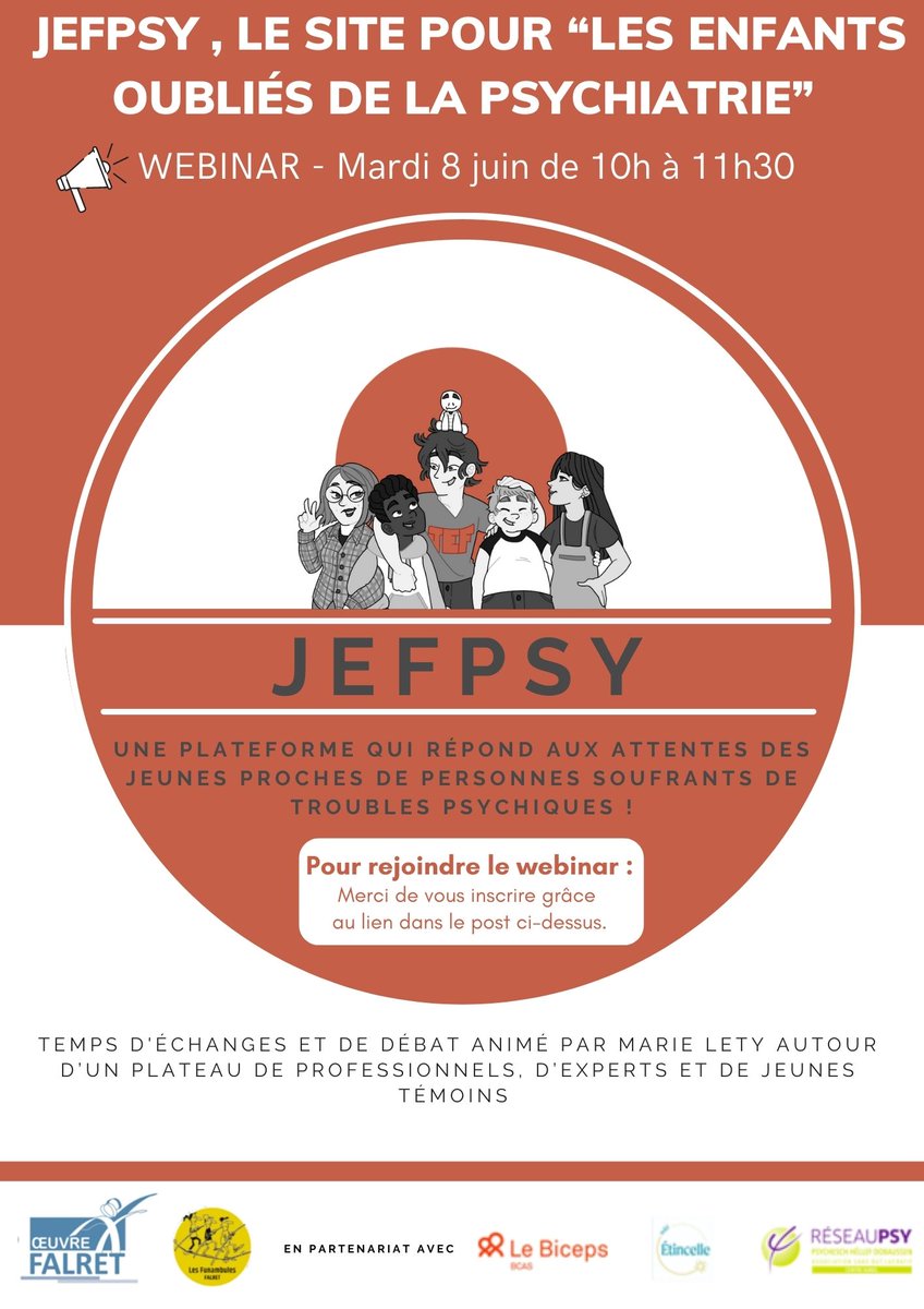 Action_Falret's tweet photo. JEFpsy, une plateforme inédite dédiée aux jeunes
qui partagent le quotidien d’un proche atteint d’un trouble psychologique.
 
📅 À découvrir le 8 juin de 10h à 11h30
➡️ S'inscrire au Webinar : https://t.co/b7ZdDFQ4A3 https://t.co/0kDfX6iUkX