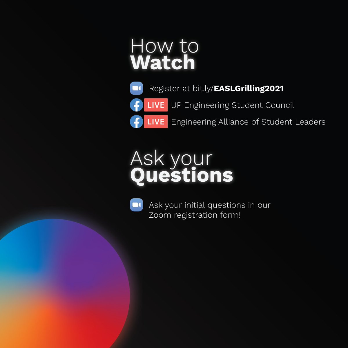 𝐄𝐀𝐒𝐋 𝐆𝐑𝐈𝐋𝐋𝐈𝐍𝐆 𝟐𝟎𝟐𝟏

Kilalanin natin ang mga tumatakbo bilang inyong susunod na UP Engineering Student Council at UP Diliman University Student Council!

Mag-rehistro sa bit.ly/EASLGrilling20… upang makasali sa Zoom meeting!

#HalalanUPD2021