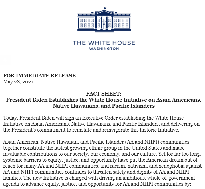 aapialliance's tweet photo. Following a push from #AAPI organizations, @WhiteHouseAAPI is being reestablished.

We're excited to work alongside WHIAAPI to bring our community's pressing issues to the forefront. https://t.co/Ur0wJig9Ik