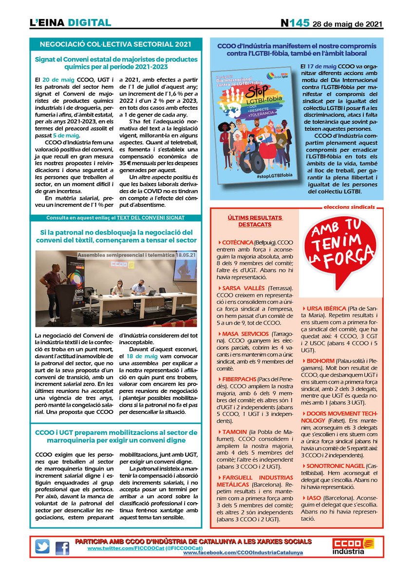 A l'últim #EinaDigital també us expliquem:

 🔹la signatura del conveni de majoristes de productes químics
🔹 el bloqueig de les negociacions dels convenis del tèxtil i de marroquineria
🔹 compromís de CCOO contra la LGTBI-fòbia
🔹 resultats electorals

web.ccoo.cat/revistes/eina/…
