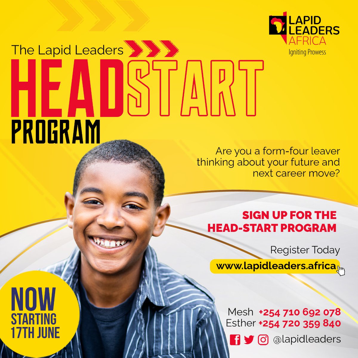 LapidLeaders's tweet photo. We're excited at the uptake of the LAPID HEADSTART PROGRAM as we've gotten inquiries from across the country.

If you know a form four leaver, and want to give them a professional headstart, sign them up today. The program start date is now 17th June. 

#ExCans
#LapidHeadstart https://t.co/i73MX2rBXg