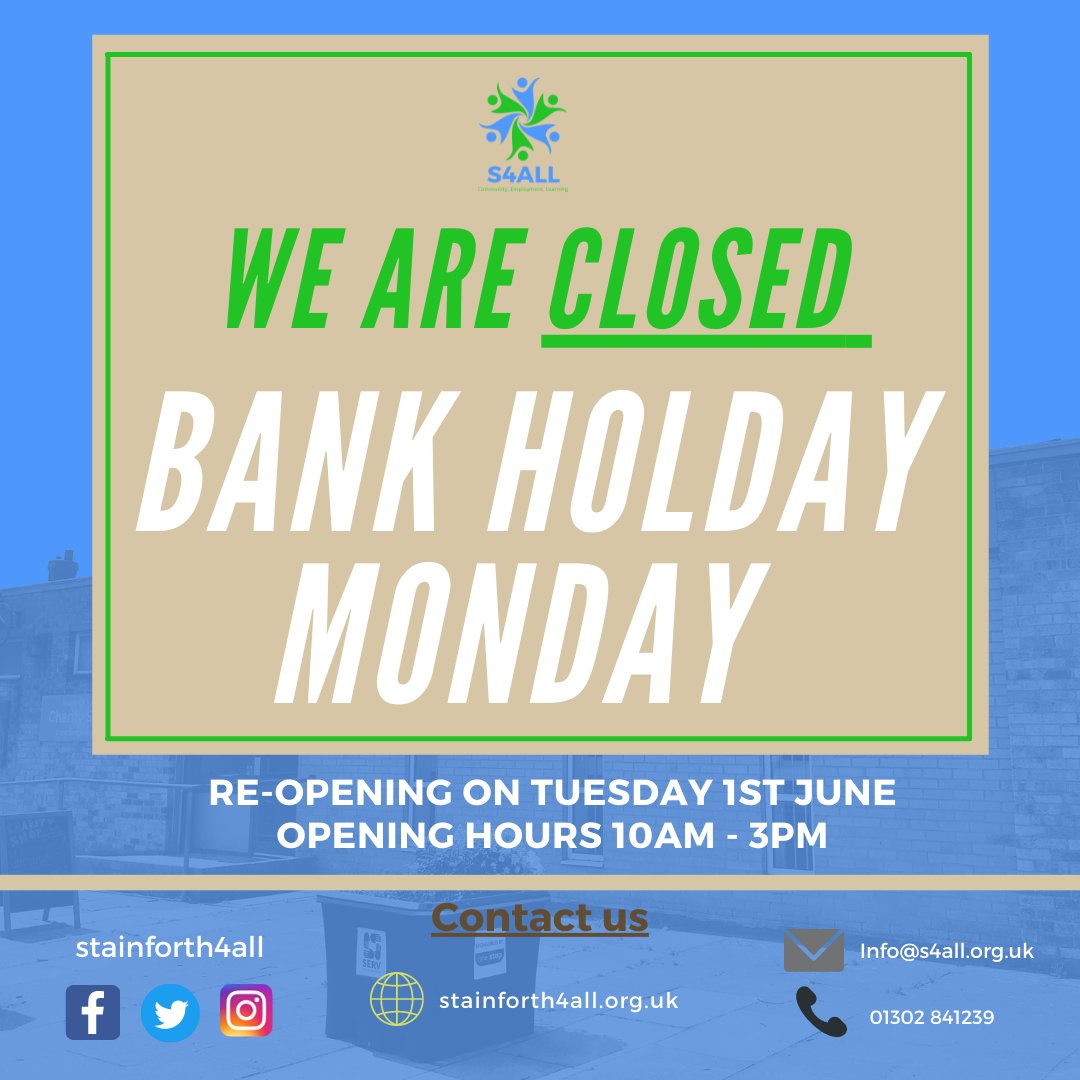 We will be closed Bank Holiday Monday ☀️
Re-opening on Tuesday 1st June at 10am 

If you need to contact us in the mean time please use our socials or email Info@s4all.org.uk. 

Our usual opening hours are Monday, Tuesday, Thursday and Friday 10am - 3pm.