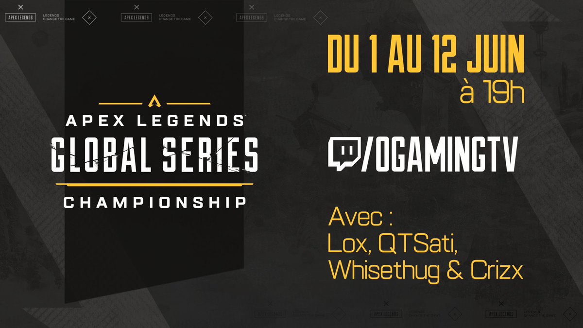 Nouvelle saison d'esport Apex sur twitch.tv/OGamingtv ⚔️

On rempile avec <a href="/EAFrance/">EA France</a> pour l'été 👉 stream Apex Legends Global Series Europe !
Toujours avec la team <a href="/Lox2lajungle/">Lox 🌿</a> <a href="/QTSatiCrusader/">QTSati</a> <a href="/WisethugTV/">Wise</a> <a href="/CrizxFlex/">Crizx</a> 🤜🤛

Début le 1er juin. Détails soon sur <a href="/OGBattleRoyale/">OG Battle Royale #ALGS 🇫🇷</a>.