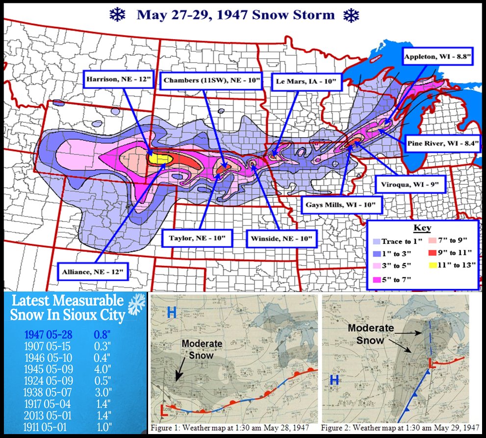 NWSSiouxFalls's tweet photo. From the "it could be worse" files, let's take a look at "The Nearly Forgotten Snow Storm" of May 27-29, 1947. 

This storm brought heavy snow and record cold to the region to end the month of May! https://t.co/6Sv8N3tycc