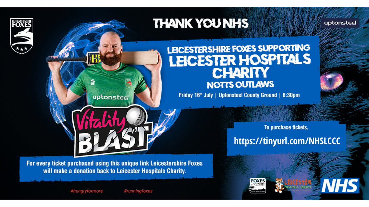 Leicester Hospitals Charity (@drfoxlhc) on Twitter photo Sports fans! 🏏
We're thrilled to announce that year's #Blast21 showdown between <a href="/leicsccc/">Leicestershire Foxes 🦊</a> and <a href="/TrentBridge/">Nottinghamshire CCC</a> will be held in aid of <a href="/Leic_hospital/">Leicester's Hospitals</a>!
Get your tickets for this blockbuster East Midlands T20 derby - but be quick!
tinyurl.com/NHSLCCC
#RunningFoxes Sports fans! 🏏
We're thrilled to announce that year's #Blast21 showdown between <a href="/leicsccc/">Leicestershire Foxes 🦊</a> and <a href="/TrentBridge/">Nottinghamshire CCC</a> will be held in aid of <a href="/Leic_hospital/">Leicester's Hospitals</a>!
Get your tickets for this blockbuster East Midlands T20 derby - but be quick!
tinyurl.com/NHSLCCC
#RunningFoxes