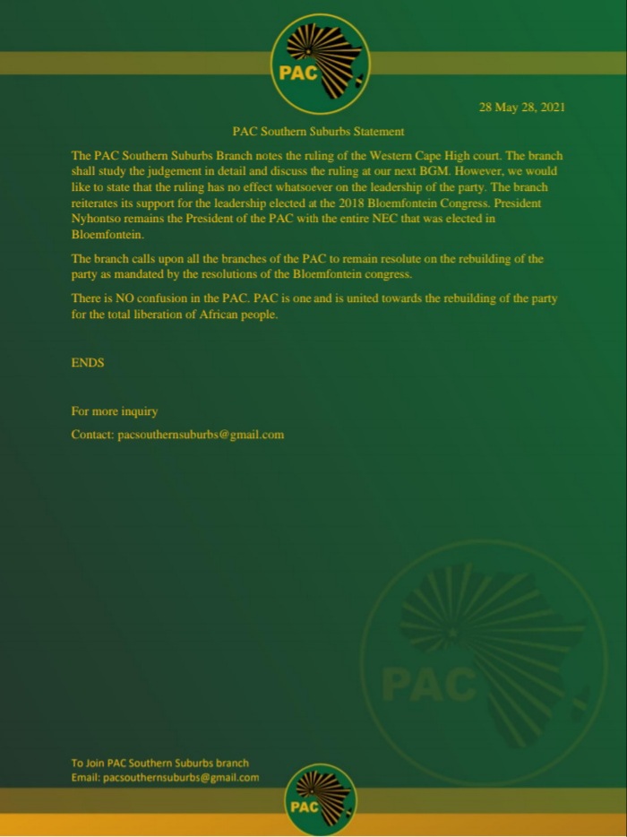 PAC Southern Suburbs Branch Statement on the recent Western Cape High court judgement