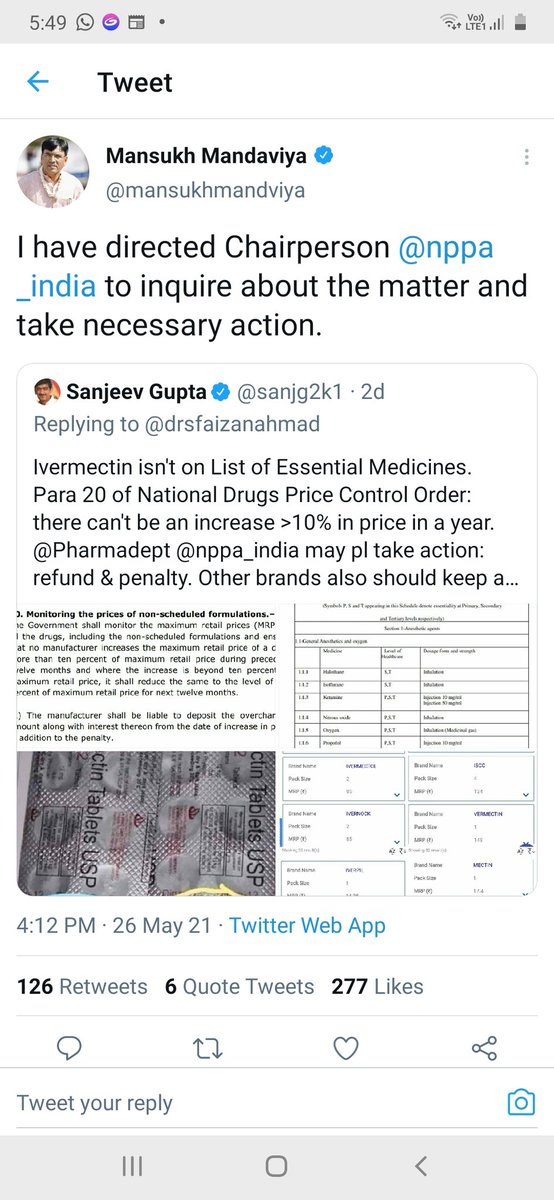 nppa_india's tweet photo. On the suspected case of overcharging in respect of Ivermectin tablets, NPPA has taken immediate action against the company by issuing the notice of overcharging. Thanks for pointing out.
@mansukhmandviya @sanjg2k1 @drsfaizanahmad @Bhupendra_IAS @Pharmadept https://t.co/QQa7Sfhvkg