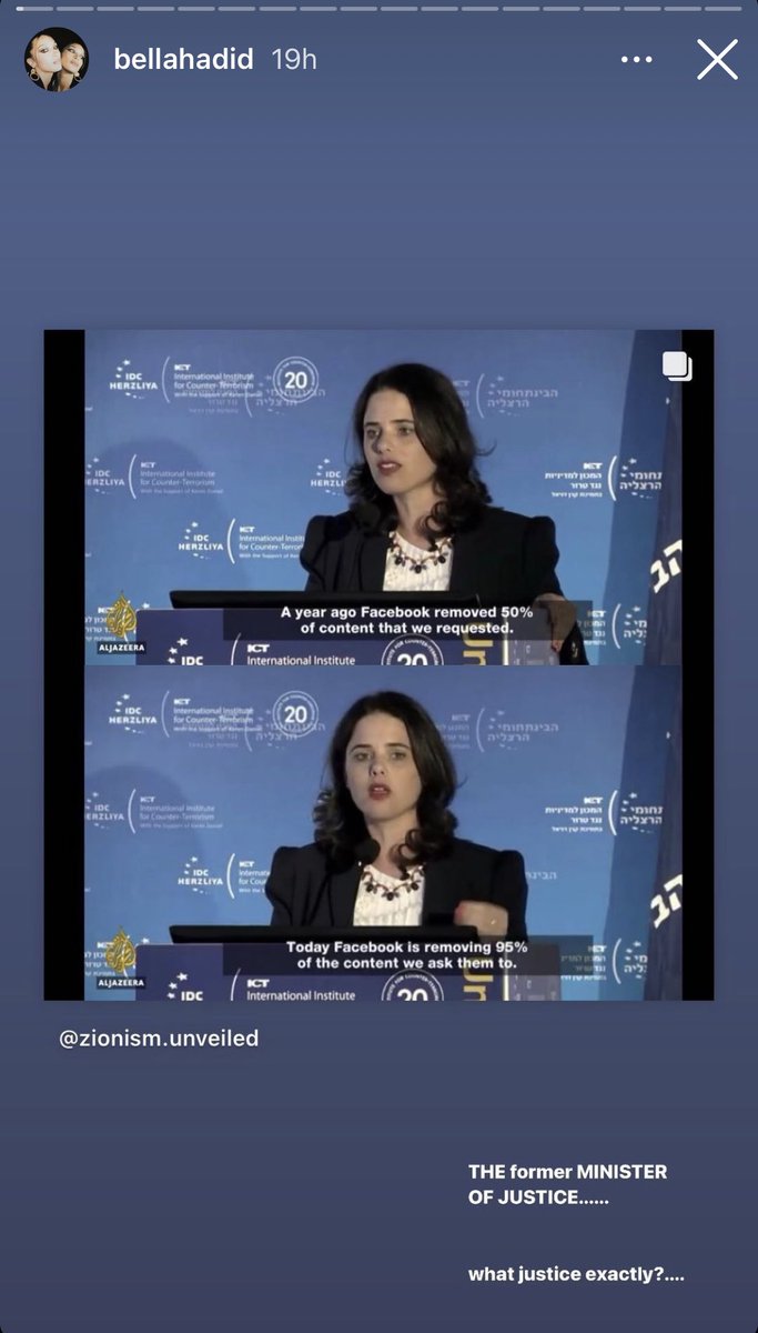 emilykschrader's tweet photo. Bella Hadid posted this (ironically on Instagram) implying that Israel controls Facebook content. 

Let’s review some of the content Ayelet Shaked is referencing here the content Bella is so intent on defending 

🧵 Thread https://t.co/xlseJIEMdG