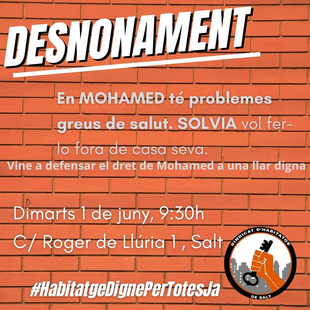 SaltSindicat's tweet photo. 📢Dimarts 1/06 us necessitem a #Salt x aturar 2 desnonaments d famílies vulnerables q @solvia_es @Servihabitat @caixabank_cat volen deixar al carrer‼️

➡️ 9.30 Roger de Llúria 1
➡️ 11 Guifré el Pilós 5

La María, en Juan José i les seves 4 filles petites i en Mohamed es qeden ✊🏿 https://t.co/JKLL1LEiDR