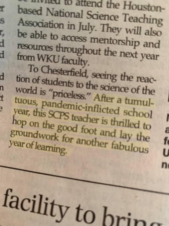 .<a href="/mcmspartans/">@MCMSpartans</a> teacher Melissa Chesterfield is featured in the <a href="/TheSentinelNews/">TheSentinelNews</a>! Read about her passion for science, students and her resilience during a challenging school year! #il3 #lifelonglearner <a href="/SallyWSugg/">Dr. Sally Sugg</a> <a href="/DugleSusan/">Susan Dugle</a> <a href="/JohnR_Leeper/">John Leeper</a> <a href="/SCPS_Rock/">Jill Tingle</a> <a href="/ksbanews/">Kentucky School Boards Association (KSBA)</a> <a href="/KASAEdLeader/">Kentucky Assn of School Adm.</a>