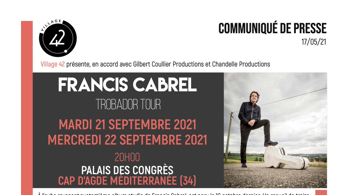 L’équipe du Palais des Congrès Cap d’Agde Méditerranée est heureuse d’accueillir le 21 et 22 septembre, le concert de Francis Cabrel avec sa nouvelle tournée « Trobador Tour » 

#MICE #event #concert #CapdAgde