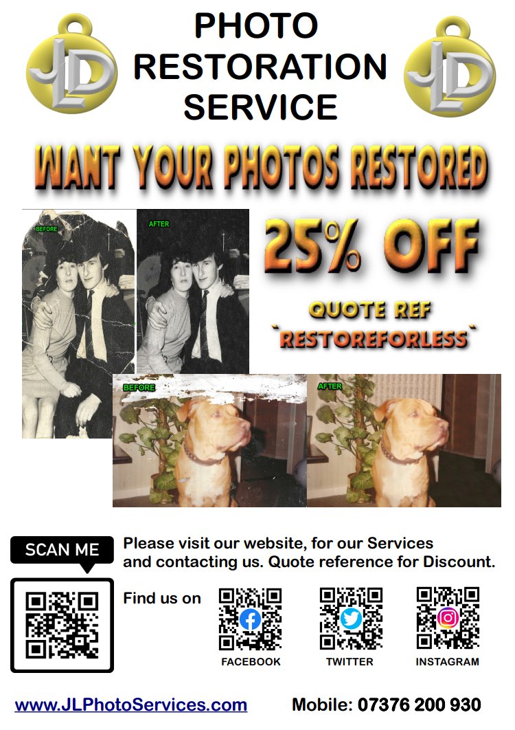 JLPhotoService1's tweet photo. Our new flyer, https://t.co/OZqyTxPVj7 #jlphotoservices #photorestoration #memories #photography #videoediting #smallbusiness #voucher #discount #flyers https://t.co/77GCbIycKx