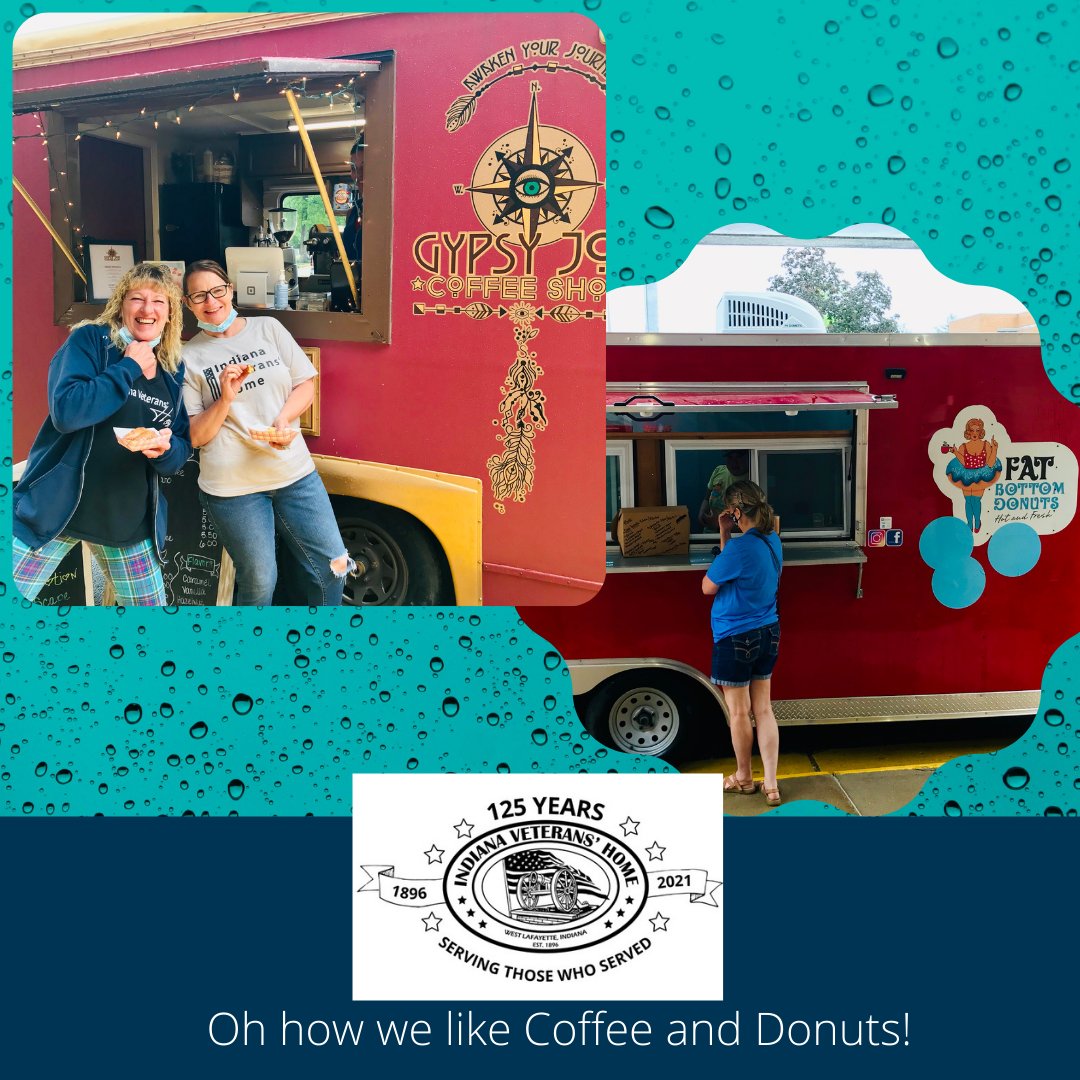 IndVetsHome's tweet photo. Rain doesn't stop us from our Gypsy Joe Coffee or Fat Bottom Donuts! #ivhfamily @gypsyjoecoffee @fatbottomdonuts #veterans #indianaveteranshome #IVH125thAnniversary #coffee #cronuts #donuts #delish https://t.co/7l3gz9ogpE