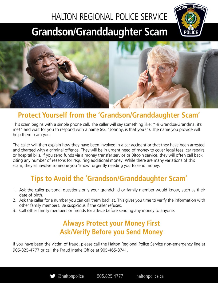 HaltonPolice's tweet image. **Grandson Scam**
Never provide personal identification, banking information or details over the phone to strangers.
If someone you don’t know is asking for personal details hang up! Call other family members and #beyourownsherlockholmes