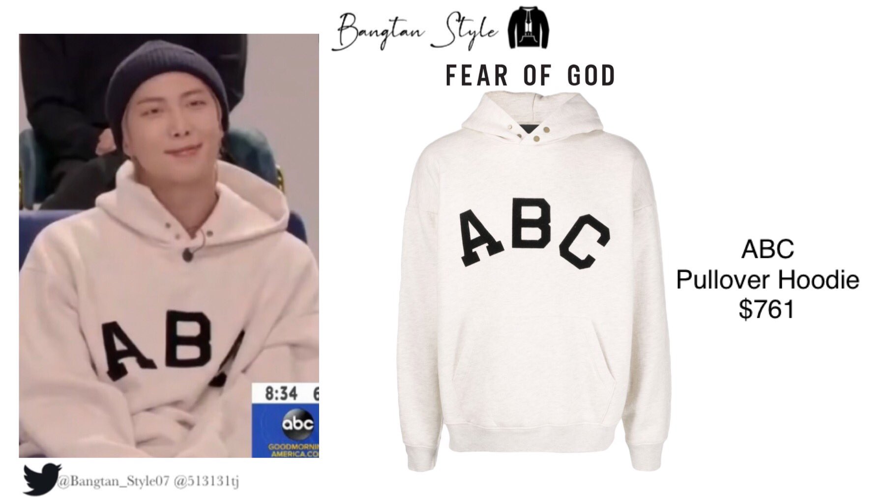 Bangtan Style slow on X BTS on Good Morning America Namjoon wears FEAR OF GOD ABC Pullover Hoodie 761 RM BTS BTSonGMA BTS twt https t xFKT0l7c2s X