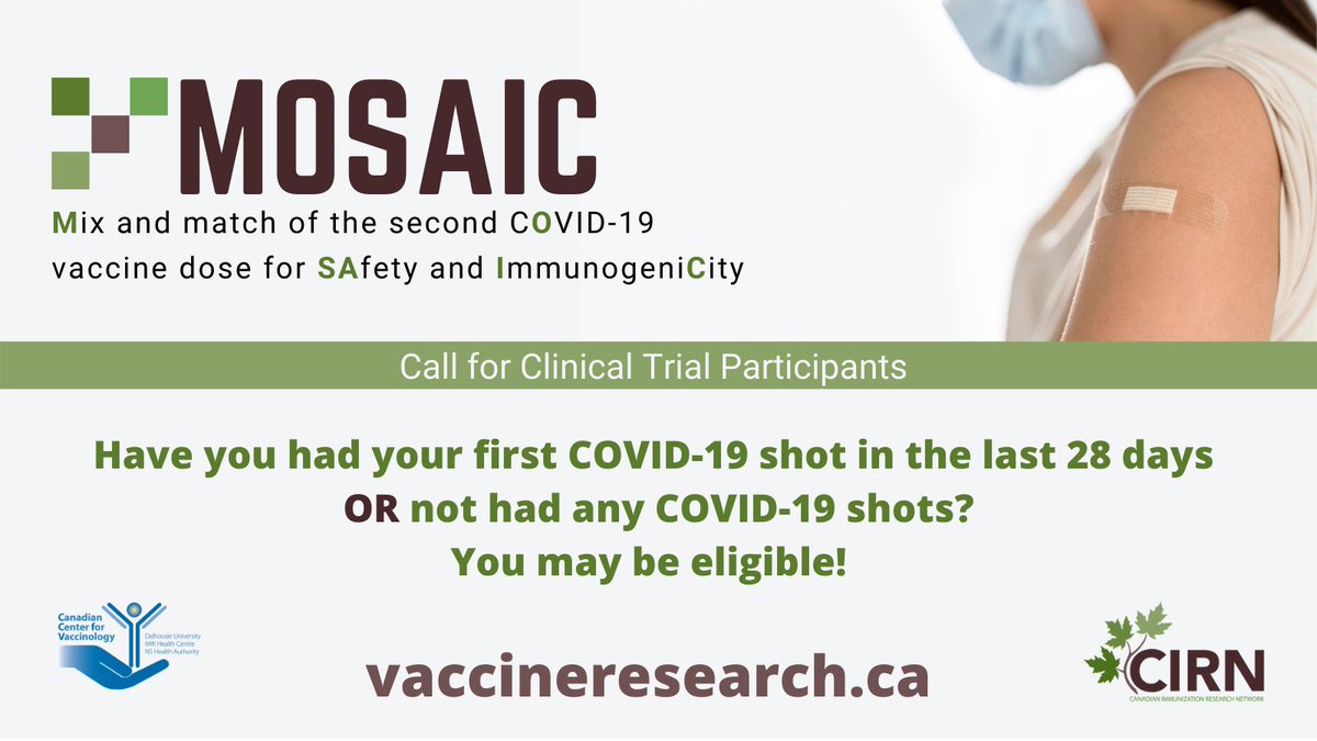 CCfVaccinology's tweet photo. Adults who live in or around #Halifax are invited to take part in #MOSAICstudy @VACCres a study aimed at assessing #mixandmatch #COVIDvaccine strategies https://t.co/kqD6lm07co https://t.co/pIrVWgrrLK