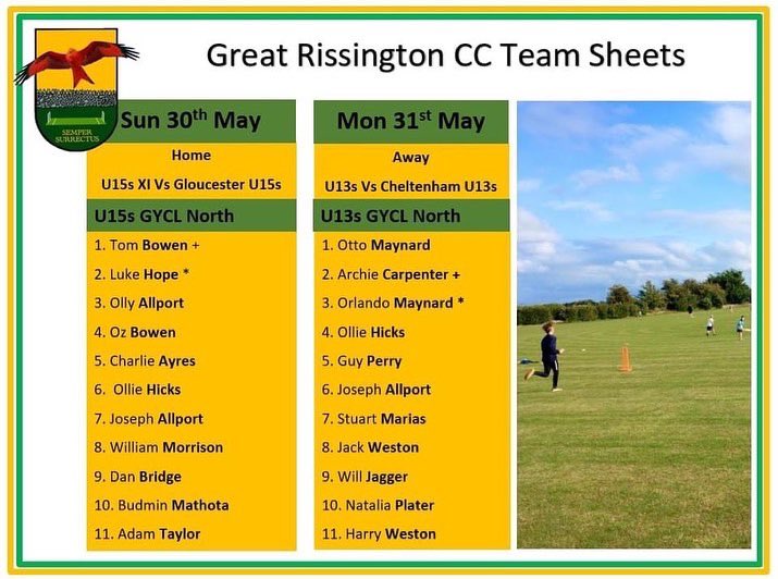 Looking forward to a bank holiday weekend of hopefully finally some sunny weather and cricket actually being played. Good Luck to all of our teams playing this weekend. <a href="/CinderfordSJCC/">Cinderford C.C</a> <a href="/FairfordCc/">Fairford CC</a> <a href="/CheltCricket/">Cheltenham Cricket</a> <a href="/Gloucester_CC/">Gloucester Cricket Club</a>
