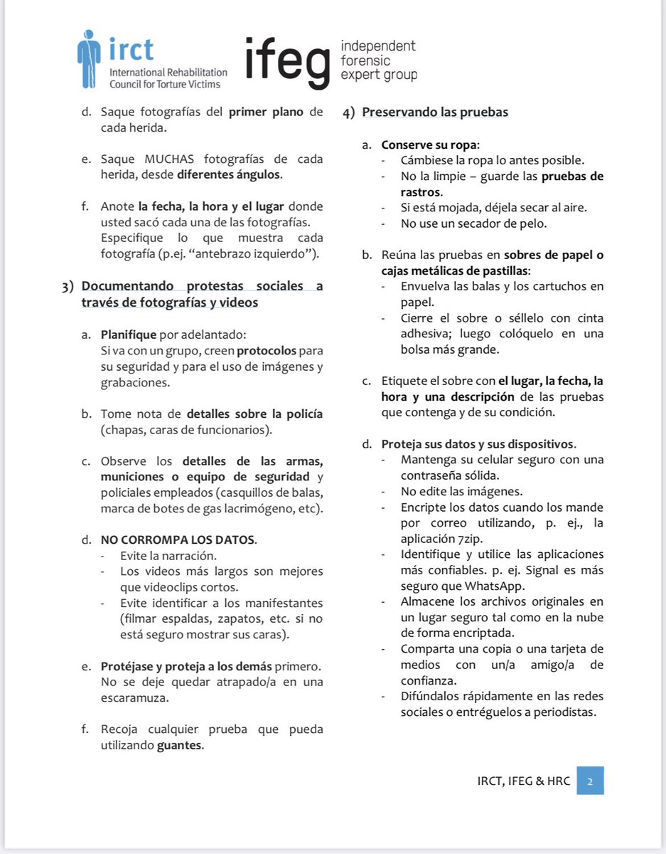 VivancoJM's tweet photo. El grupo de forenses internacionales contra la tortura @IRCT creó esta guía para que cualquiera pueda documentar violaciones de DDHH cometidas durante protestas.
Por favor difundir. https://t.co/uSvmf2YM1v