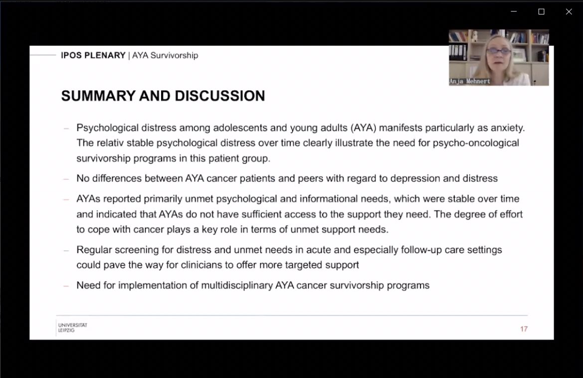 crisbergerot's tweet photo. . #FCR is the most common unmet needs among #AYA survivors 

Stellar presentation by @anjamehnert1 at #IPOS2021 @IPOSPsychoOncol https://t.co/zRqzwzimha