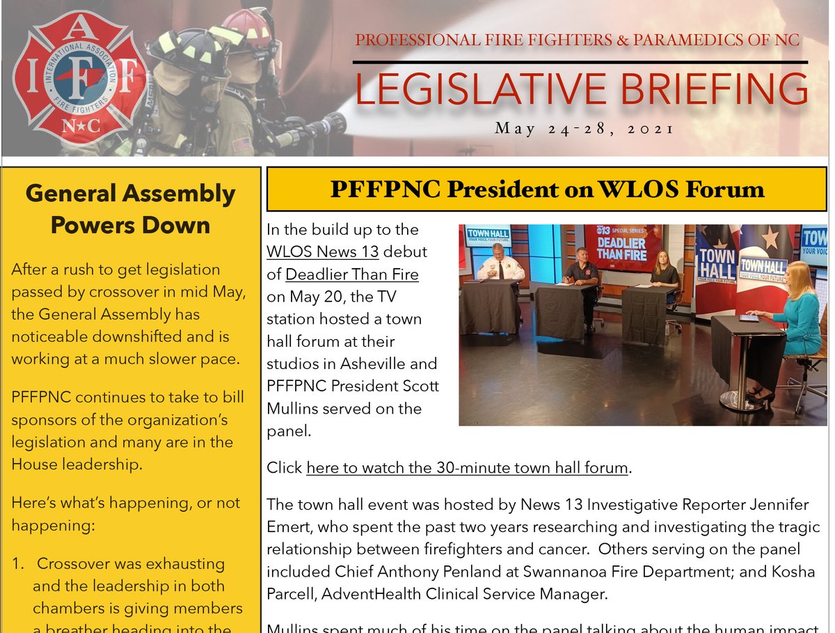 PFFPNC's tweet photo. The PFFPNC e-newsletter for May 24-28 is now posted and includes a report on a WLOS TV town hall forum that President Scott Mullins participated in as well as the latest news from the General Assembly now that crossover is finished.

READ: https://t.co/u4CvCsFAVG https://t.co/nGHMvNQFqe